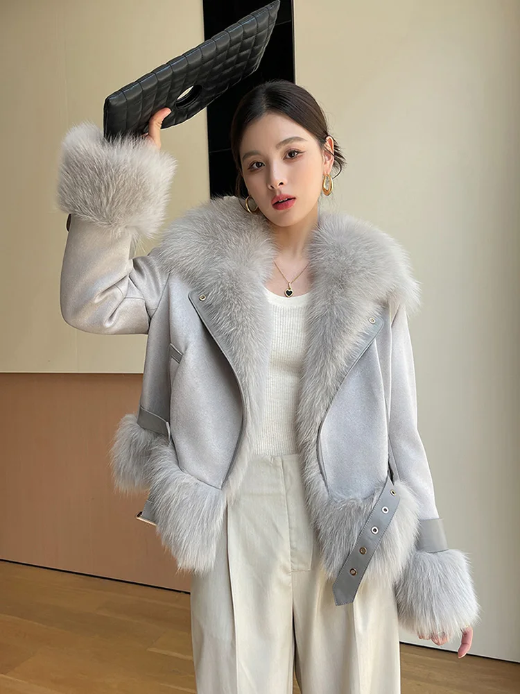 Women Real Fur Coat Autumn Winter Chic Turn-down Collar Fox Fur Patchwork Suede Fur Jacket Loose Goose Down Filling Outerwear