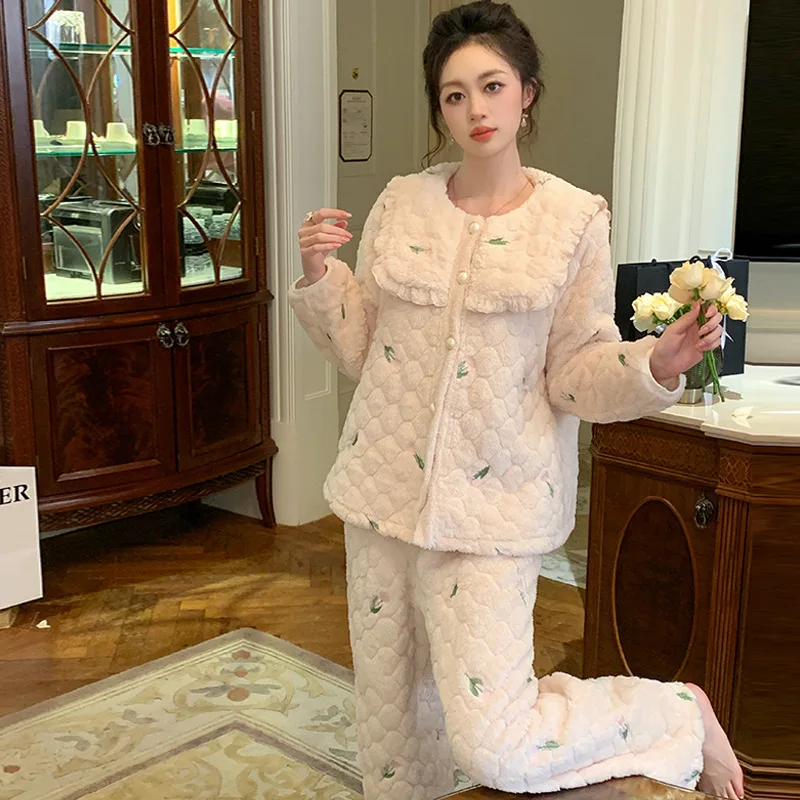 Зимняя теплая Пижама SXTHAENOO 2024 Женская двусторонняя бархатная пижама с принтом