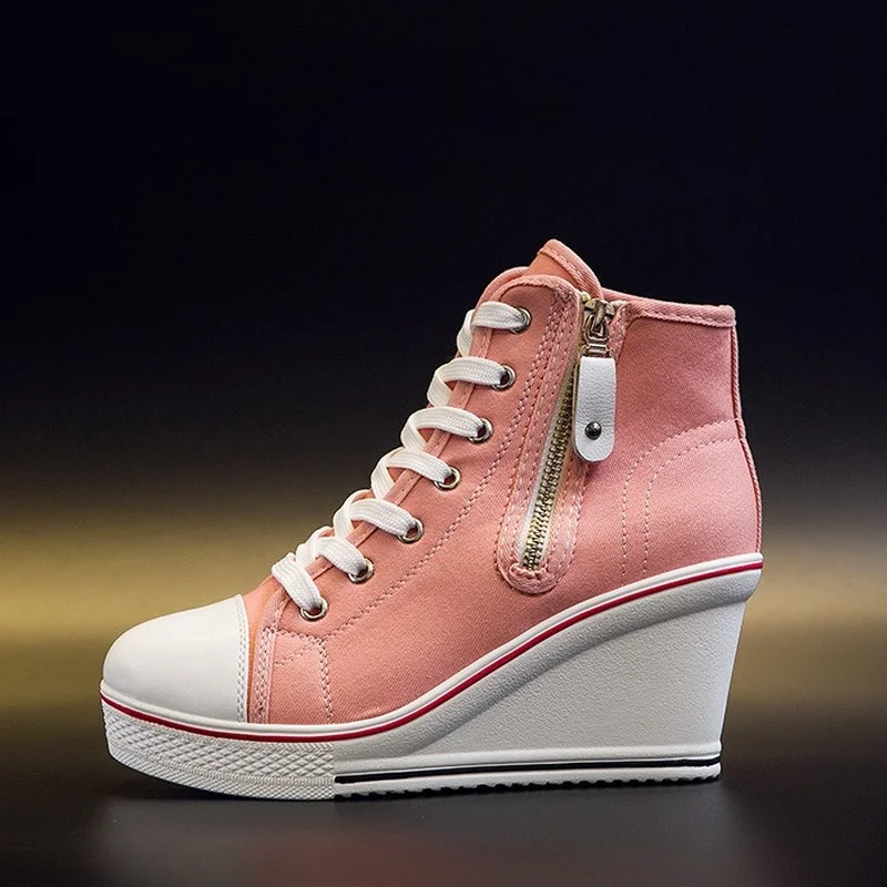 

2022 Wedge Canvas Shoes Woman Platform Vulcanized Shoes Hidden Heel Height Increasing Casual Shoes Female High Help Side Zipper