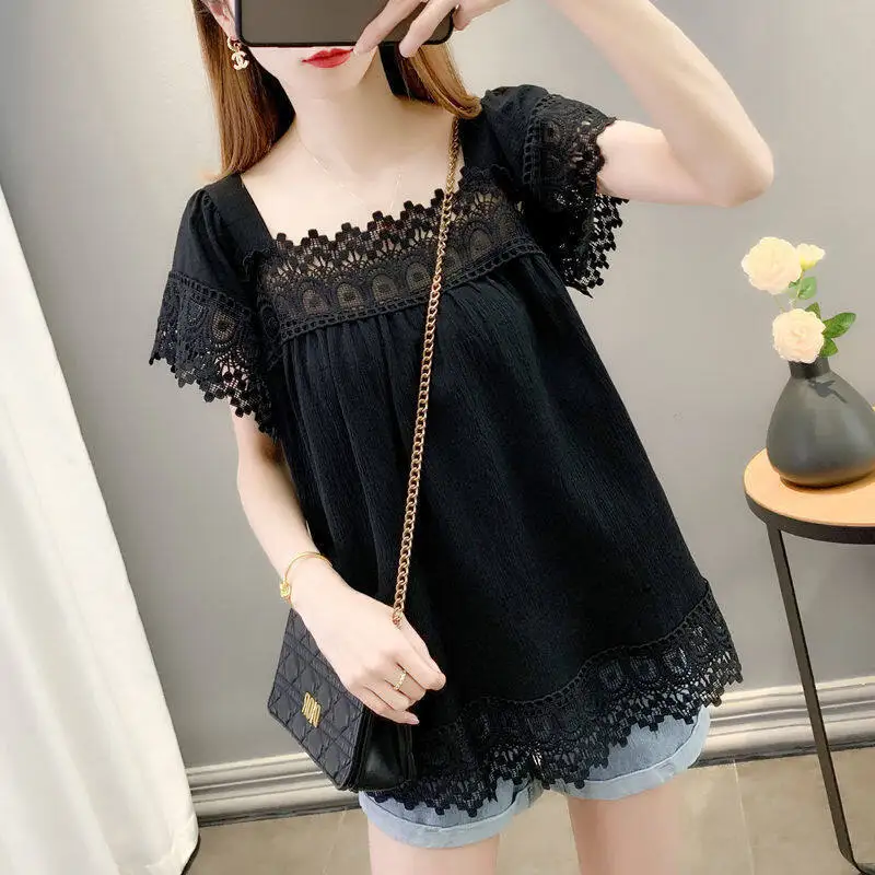 

Plain Square Neck Top Women Short Sleeve Chiffon Blouse Plus Size Loose Fashion Korean Tops New Style 2023