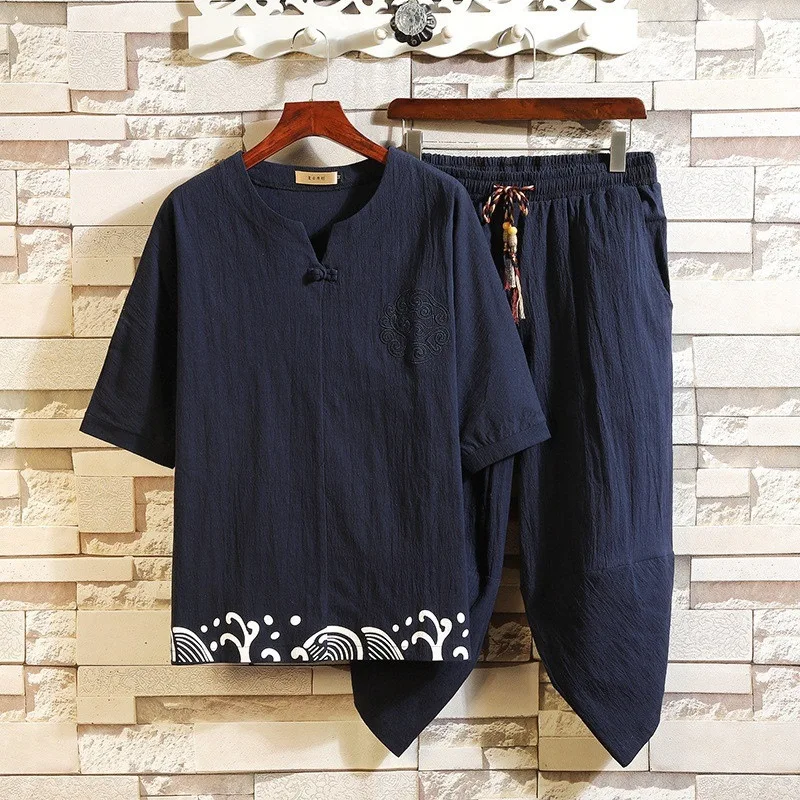 

Cotton and Linen Suit Male 2022Summer Ethnic Style Men's Casual Suit Chinese Style Short SleeveTMen's T-shirt One Piece Dropship