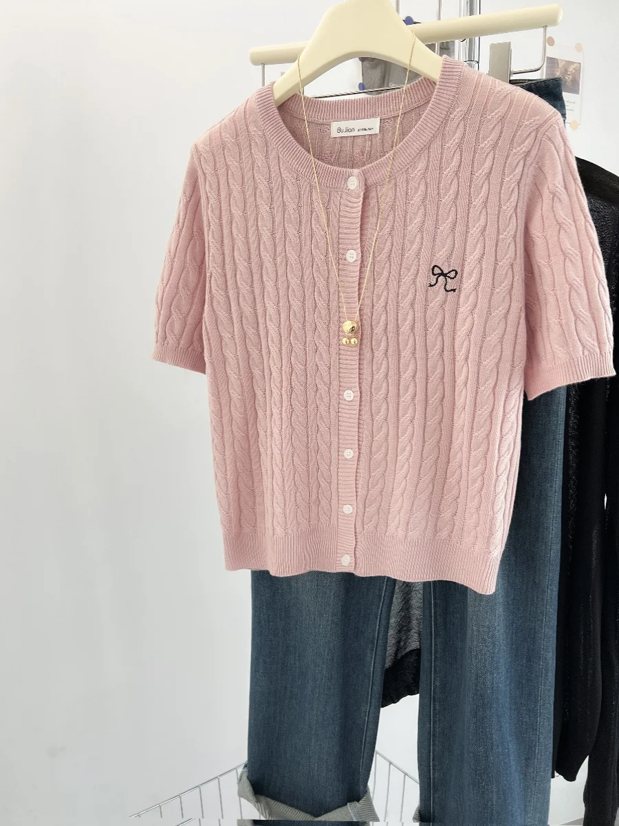 Big Brand Withdraw from Cupboard Cut the Tag off Pink round Neck Bow Embroidery Short sleeve Knit cardigan Women Summer Tempe...