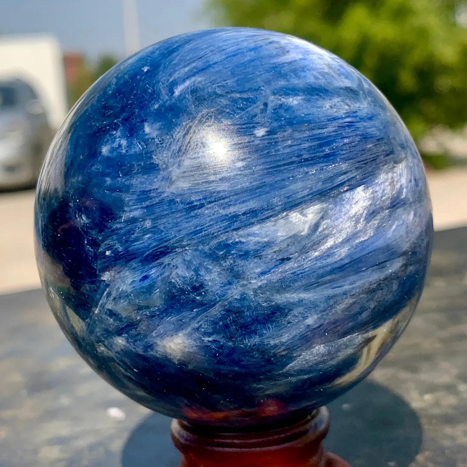 

Натуральный Синий Кианит с кварцевым кристаллом, глянцевым сферическим шариком, подогрев образцов