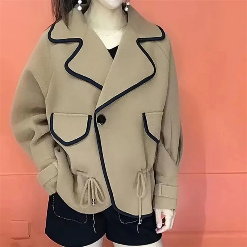 Женская двухсторонняя короткая куртка свободная шерстяная с длинным рукавом и