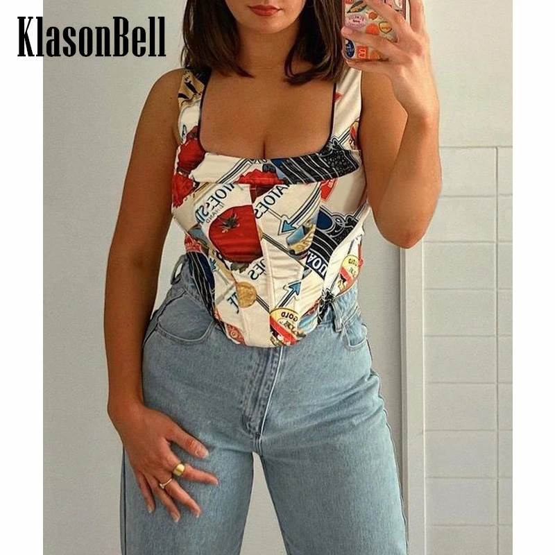 

6.22 KlasonBell Square Collar Sleeveless Slim Print Back Zipper Tank Top Women
