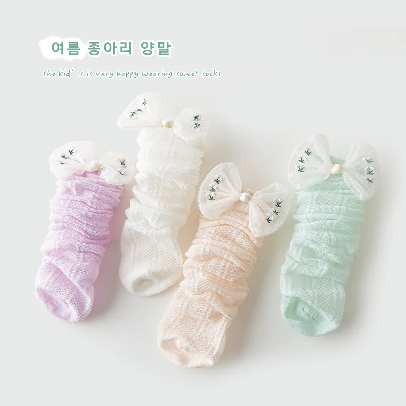 

4 Pairs Girls Socks Spring Summer Kids Socks Bow Shaped Calf Socks Mesh Breathable Stockings Pile Socks Cotton Children's Socks