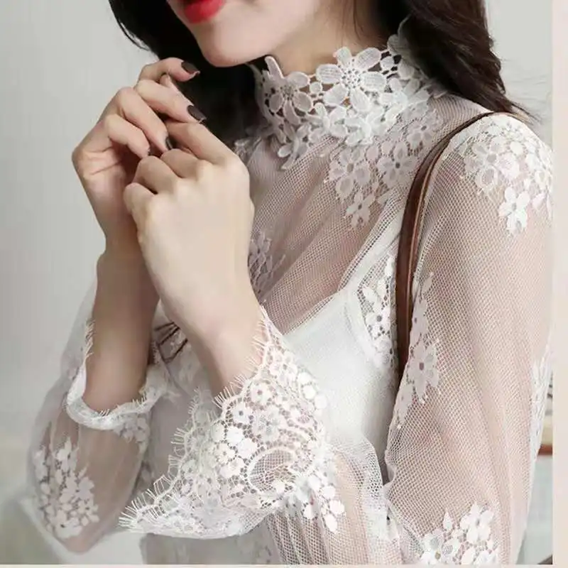 

Spring Women Mesh Shirt Patchwork Lace Crochet Pullover Shirt Ladies Sexy Long Lantern Sleeves TurtleNeck Blouse Highstreet Tops