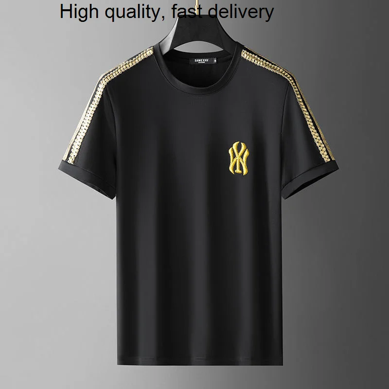 

letter European trend embroidery ribbon splicing t-shirt men's summer new loose leisure high quality short sleeved men's top
