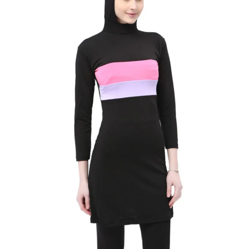 2022 Pink Women Stripe Printed Muslim Swimwear Hijab Muslimah Islamic Swimsuit Swim Surf Wear 5XL