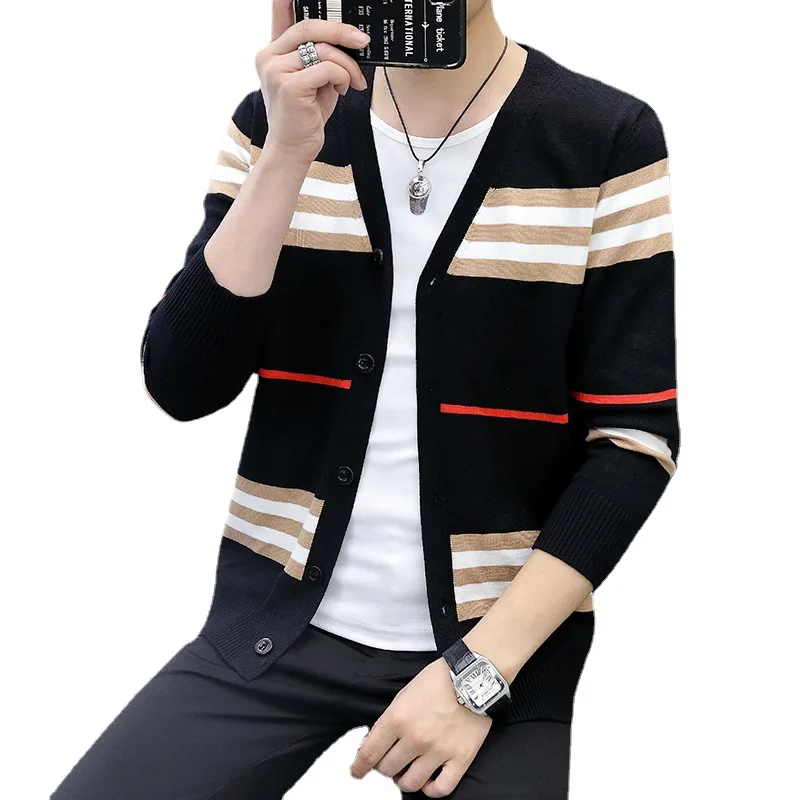

2022 Men's British Personalized Striped Sweater Youth Autumn Outerwear Cardigan All-Match Sweater