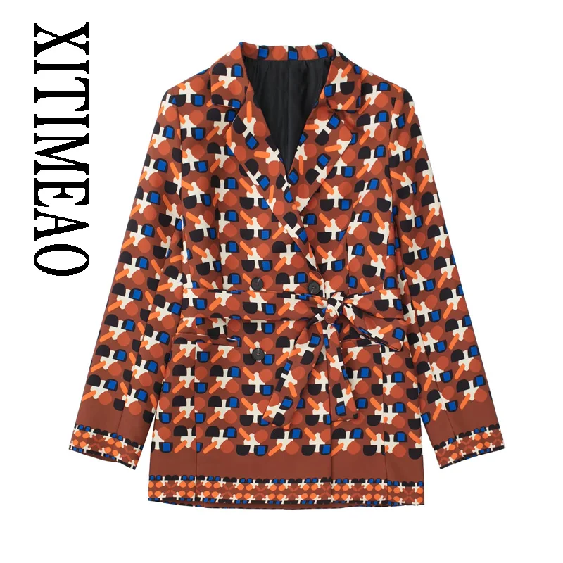 

XITIMEAO Women Fashion With Belt Printed Blazer Coat Vintage Long Sleeve Flap Pockets Female Outerwear Chic Veste Femme