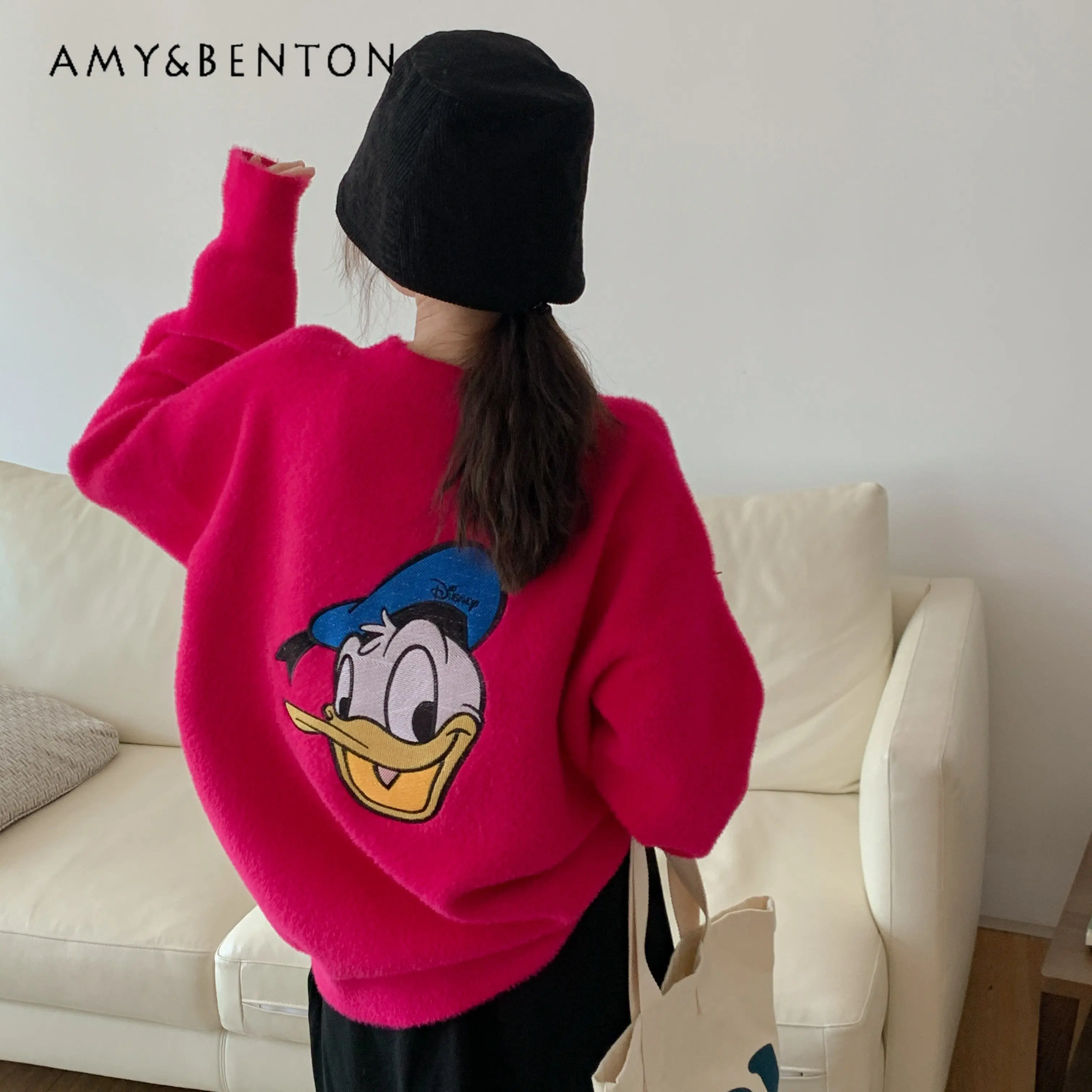 

Women's Autumn and Winter Cartoon Embroidered Sweater New Loose Cardigan Knitted Pullover Top Ladies Round Neck Sweater Tops