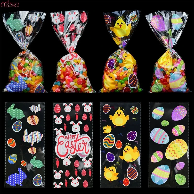 

50Pcs/Pack Clear Cellophane Bag Easter Decorative Cookie Treat Bags Bunny Eggs Chick Candy Gift Bags for Party Kids Favors