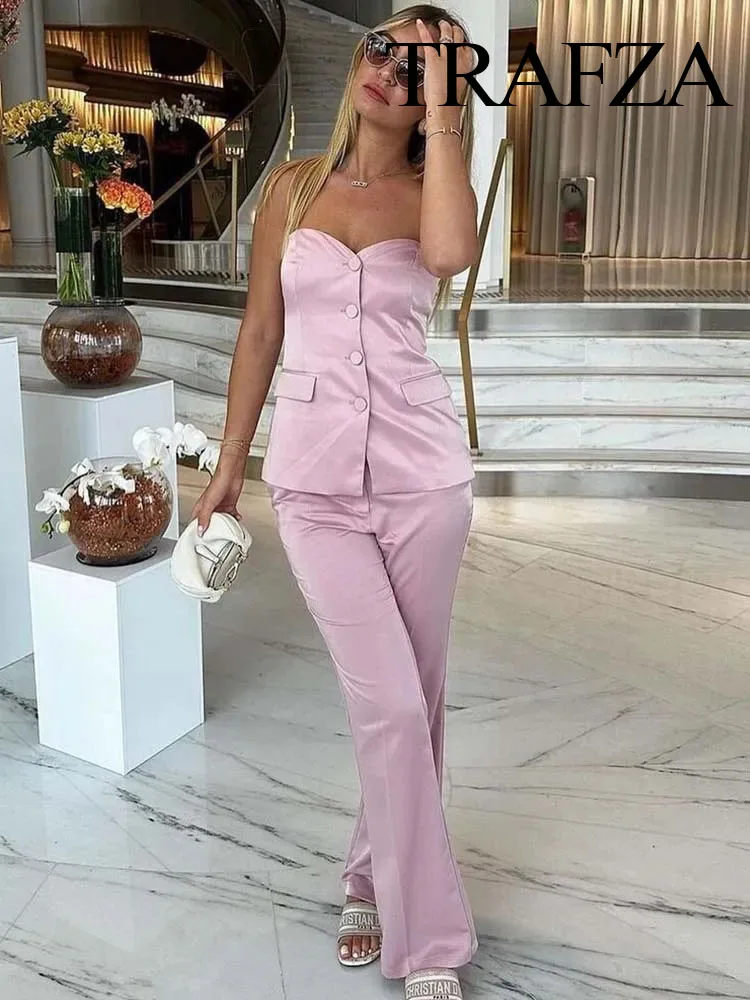 

TRAFZA Summer Fashion Tube Top Women's Slim Vest Suit High Waist Hidden Button Front Zipper Women's Wide Leg Casual Trousers