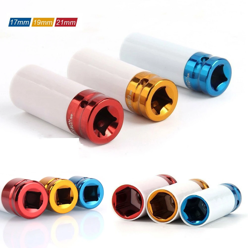 

1/3pcs 1/2 Inch Drive Tire Protection Impact Nut Socket 17/19/21mm Hexagon Sleeve Deep Sockets Non-slip For Metalworking