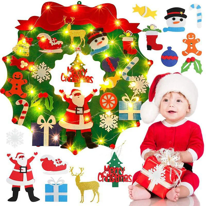 

Luminous Felt Christmas Wreath Santa Claus Snowman Elk Christmas Tree DIY Xmas Garland Kids Favor Gift Happy New Year 2023