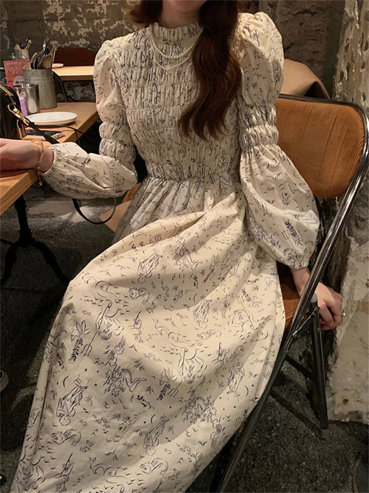 

Женское платье с рукавами-фонариками, длинное приталенное платье бежевого и абрикосового цветов с круглым вырезом и высокой талией, весна 2023