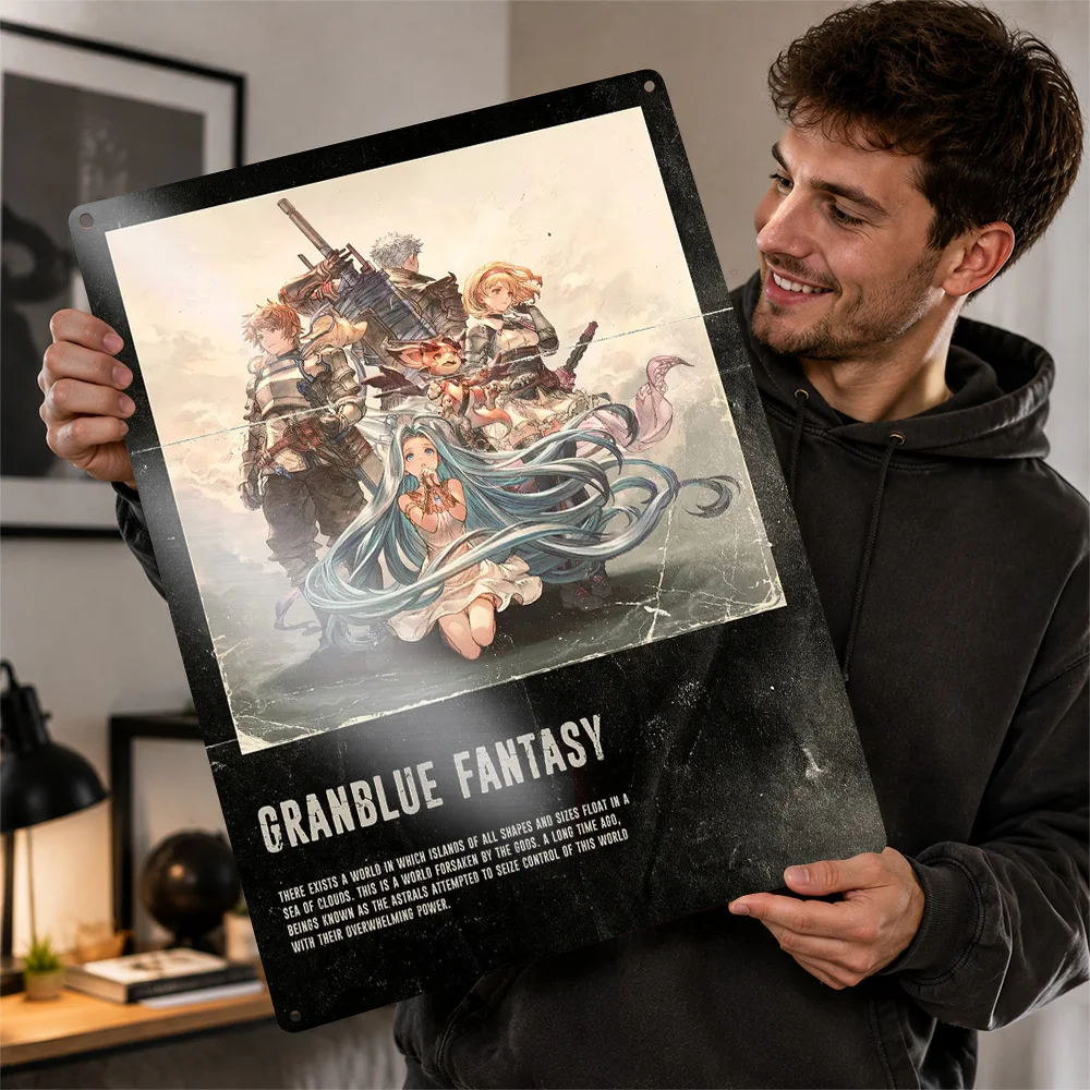 Фото Металлический 3D-постер Granblue Fantasy с индивидуальным дизайном, винтажные жестяные таблички для декора гостиной и офиса №1