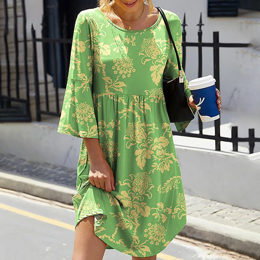 

Spring Summer Midi Dress for Women Print A-line Three Quarter Sleeve O Neck Casual Loose Women's Dress