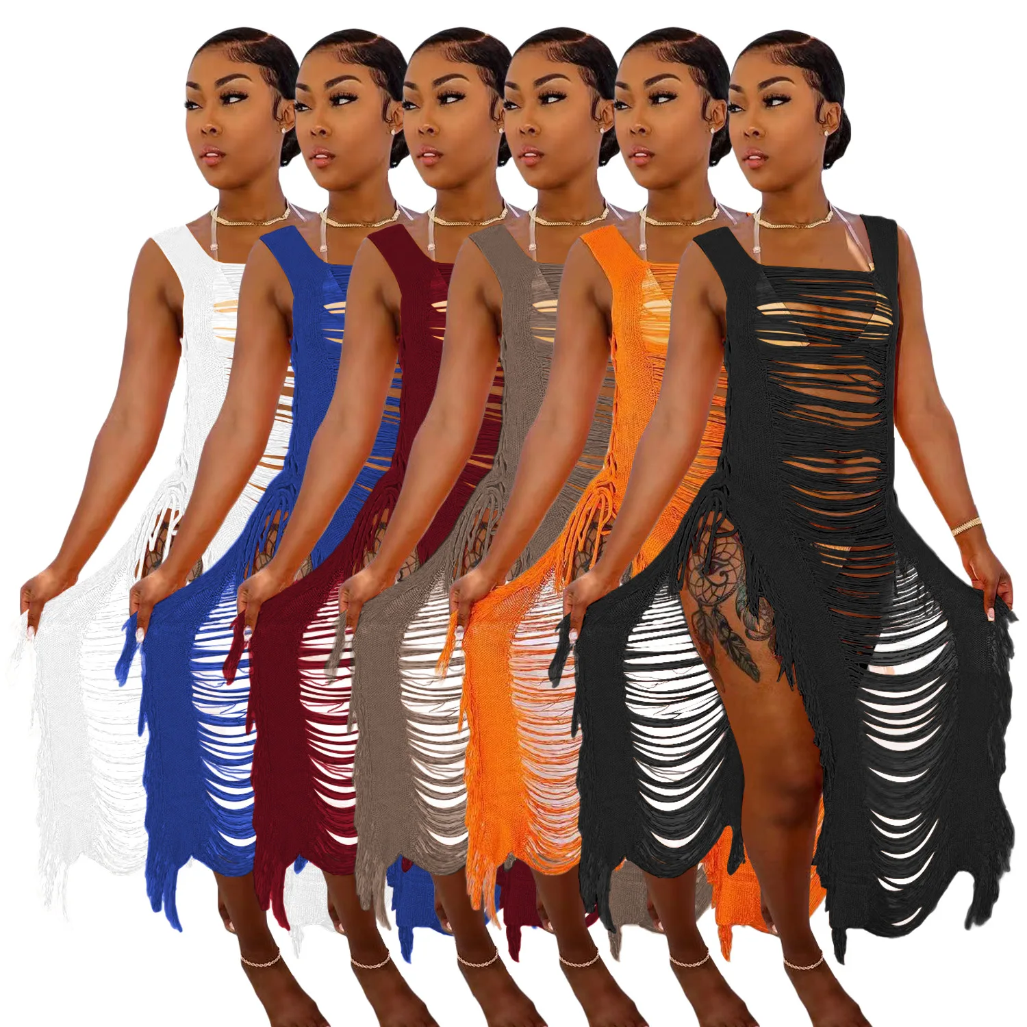 

Женское трикотажное платье-макси с кисточками, однотонное повседневное пляжное платье с завязками, лето 2022