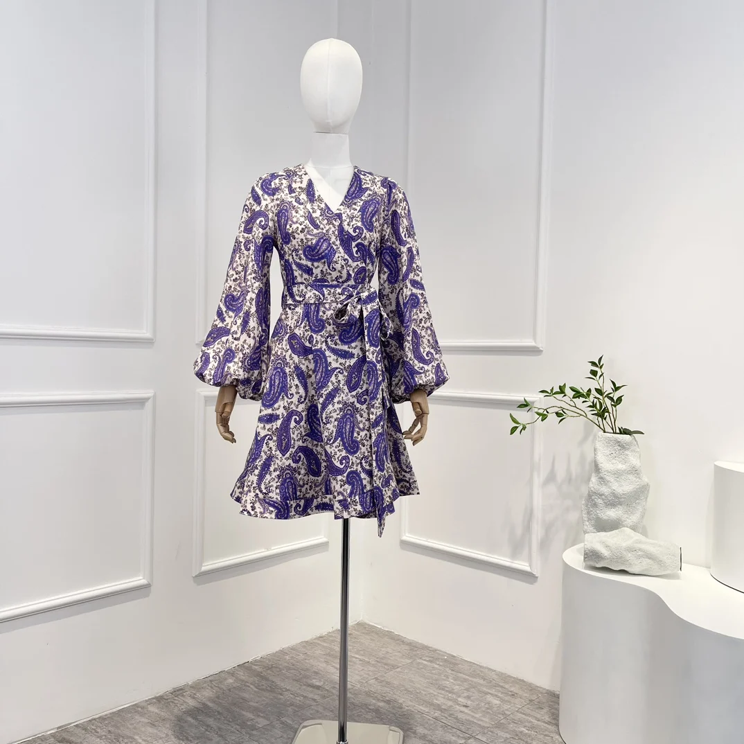 

Женское льняное мини-платье с запахом, фиолетовое винтажное платье с длинным рукавом-фонариком и принтом пейсли, весна-лето 2023