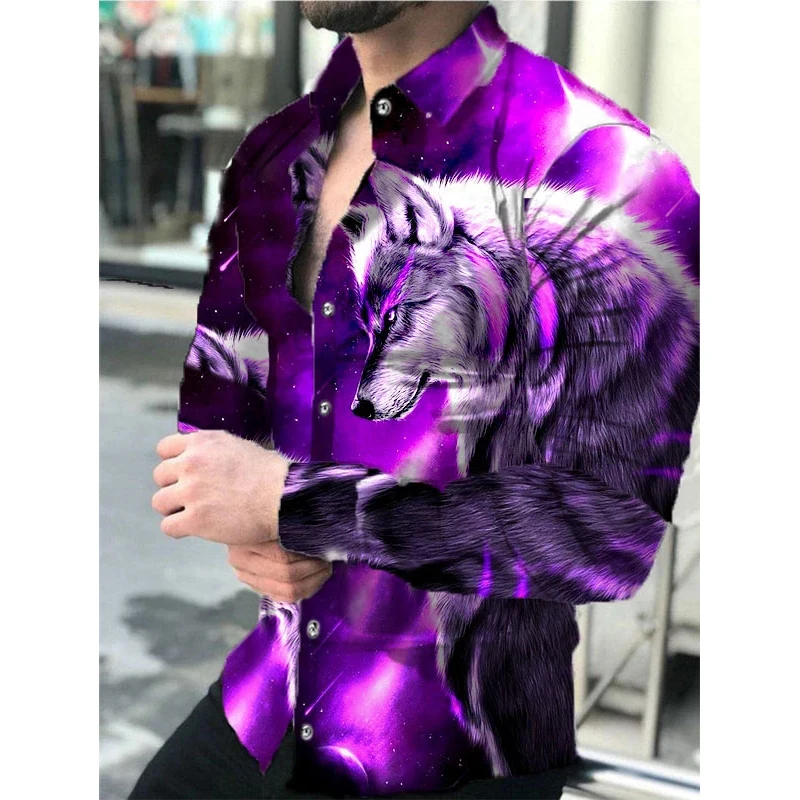 

Spring Autumn Men's Fashion Shirts Turn-Down Buttoned Collar Shirt Casual Wolf Print Long Sleeve Tops Men's Clothing Graduation