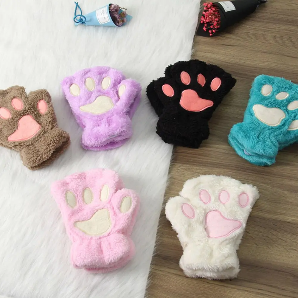 

1Pair Women Girls Lovely Winter Warm Fingerless Gloves Fluffy Bear Cat Plush Paw Claw Half Finger Gloves Mitten New