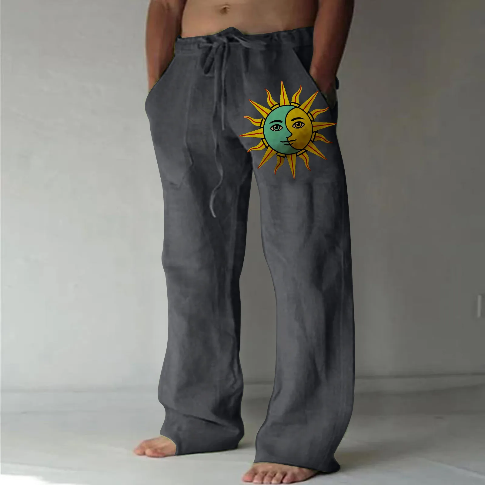 

Mens Fashion Casual Printed Linen Pocket Lace Up Pants Large Size Pants M Apparel