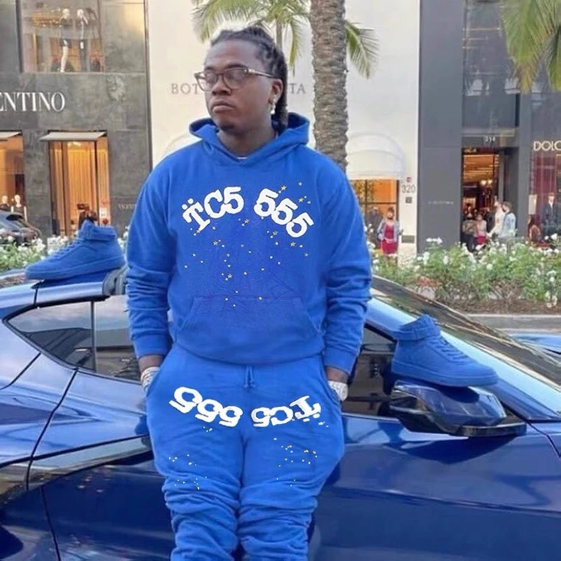 

22SS Hot Top Quality Blue Sp5der Young Thug 555555 Angel Cotton Hoodie Men Women 1:1 Spider Web Pattern Sweatshirt Pullover