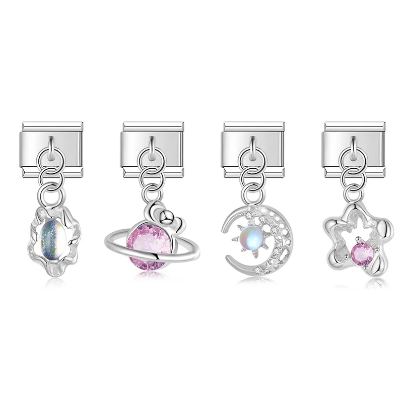 Hapiship 2023 New Original Daisy Star Moon Starry Sky CZ Italian Charm Fit 9mm Bracelet Stainless Steel Jewelry DIY Making DJ802