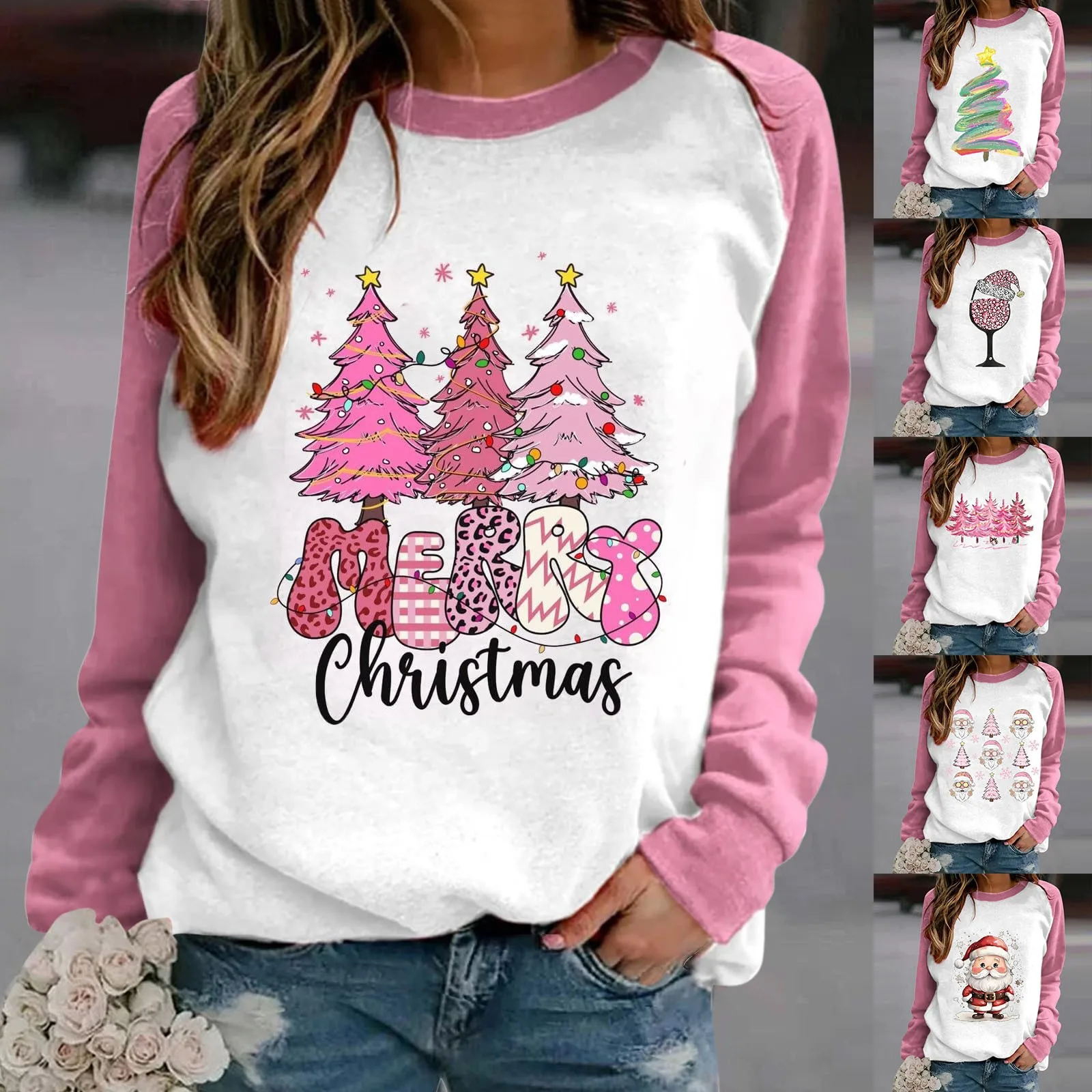 

Pink Christmas Shirts For Women Raglan Sleeve Funny Xmas Tree Print Cute Santa Graphic Zip Sweat Jacket Light Tunic Jacket