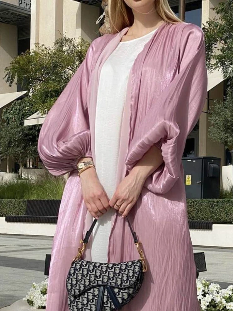 Silky Open Abaya Kimono Cardigan Summer Shiny Puff Sleeve Abayas for Women Dubai Turkey Muslim Hijab Dress Islam Clothes Kaftan