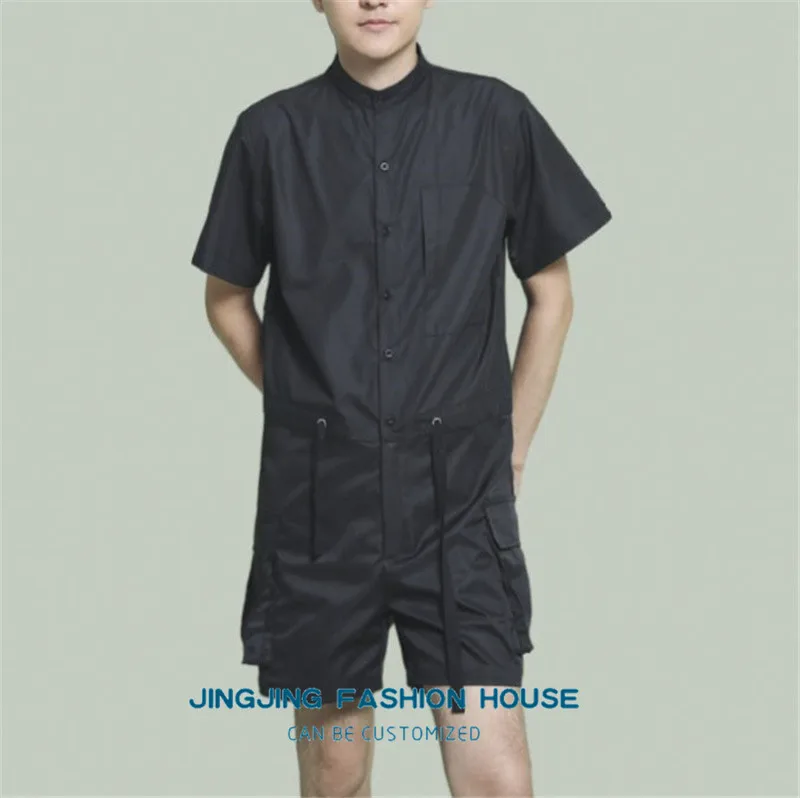 S-6XL!!2022New young men's casual short sleeve jumpsuit handsome straight leg loose cargo five-point jumpsuit