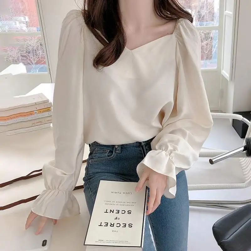 

Элегантная женская блузка с длинным рукавом VONDA 2022 Повседневный однотонный топ Женская блузка с квадратным воротником уличные рубашки блуз...