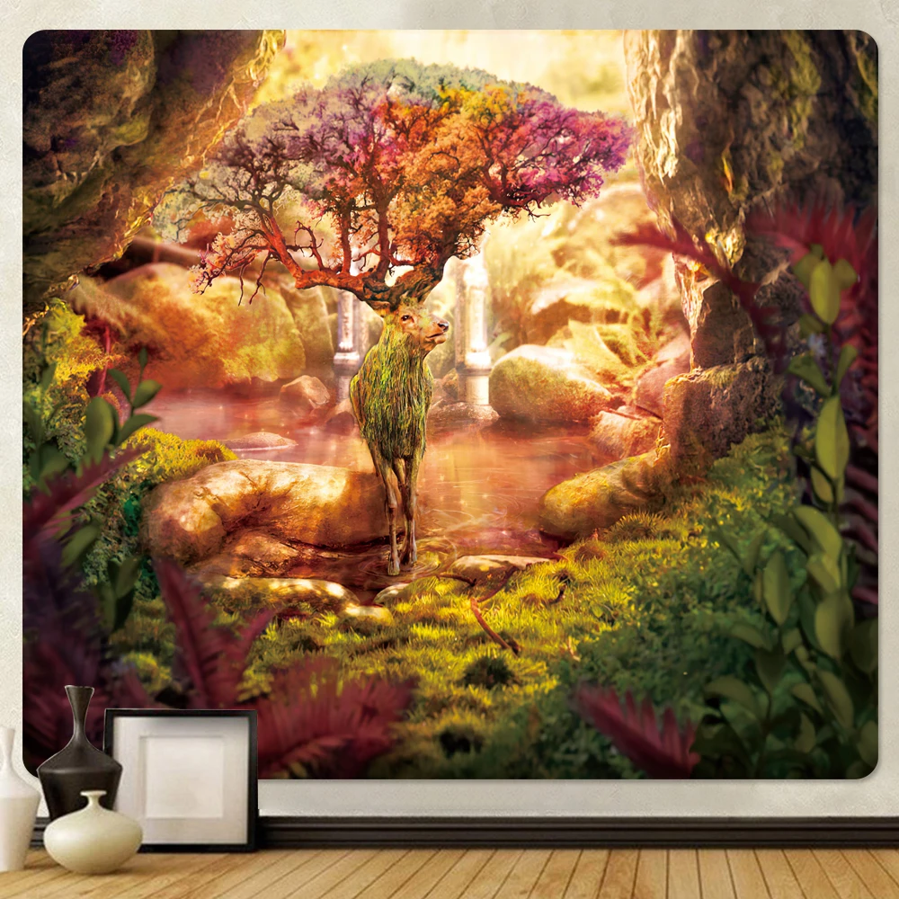 

Magic Forest Elf Psychedelic Scene Home Art Deco Tapestry Bohemian Decoration Wall Mount Tarot Yoga Mat Bedroom Wall Decoration