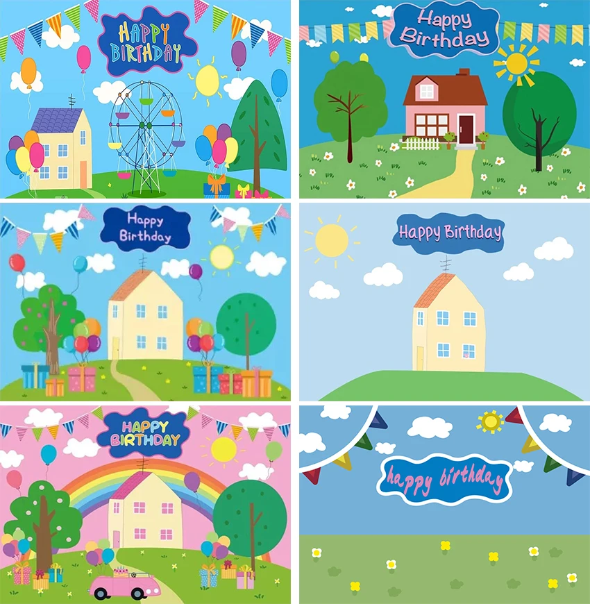 Spring 1st Birthday Kid Background Baby Shower Tree Balloon Blue Banner Pig House Backdrop Photozone Photography Vinyl