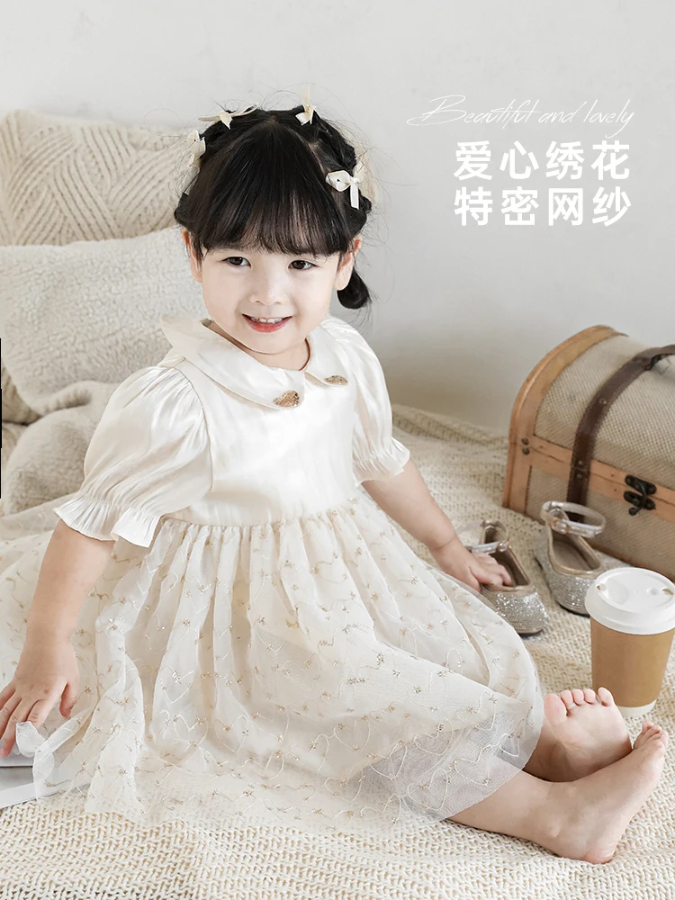 

Girls Summer Cute Dress Fashion Lapel Love Embroidery Mesh Baby New Lantern Sleeve Dress