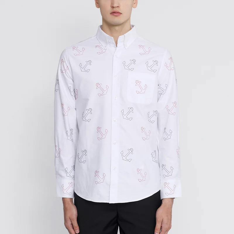 

THOM TB Men's Shirt Clothing Solid White Top Fashion Brand Anchor Embroidery Slim Casual Fine Cotton Long Sleeve Women's Shirts
