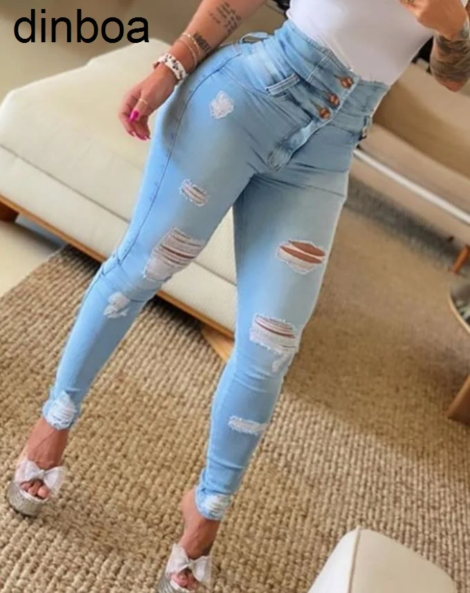 

Women's Jeans 2022 Trend Autumn Fashion High Waist Buttoned Cutout Ripped Casual Skinny Plain Pocket Design Daily Long Jeans