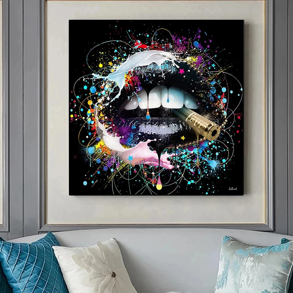 

Black Lips Cigarette Graffiti Art Posters and Prints Abstract Mouth Canvas Painting Cool Wall Picture Bar Room Home Decor Mural