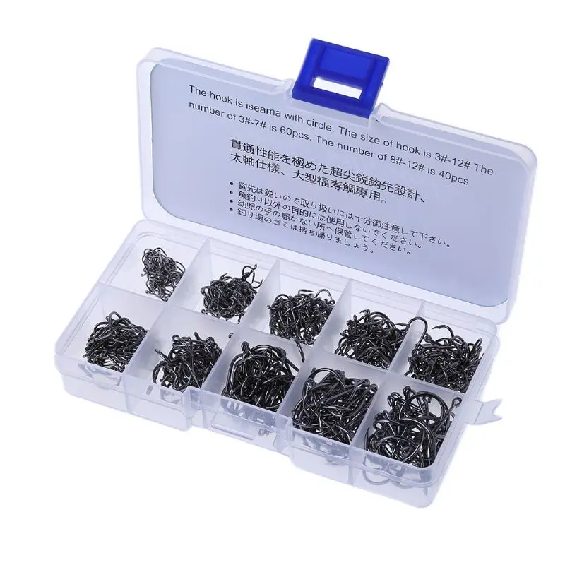 

500pcs 10 Sizes Assorted Sharpened Fishing Hooks Lures Baits With Tackle Box Hot