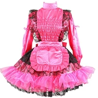 new lockable maid maid adult sissy pink satin long sleeve dress waist pleated lace cosplay costume custom