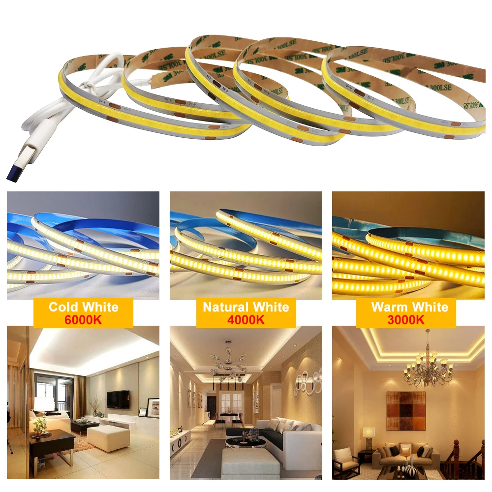 Полосковый светодиодный светильник DC5V USB COB High Density Linear Lighting 328 светодиодов/м FOB гибкий 10 мм диммируемый тейп 3000K/4000K/6000K RA90 0,5 м - 2 м включенный.