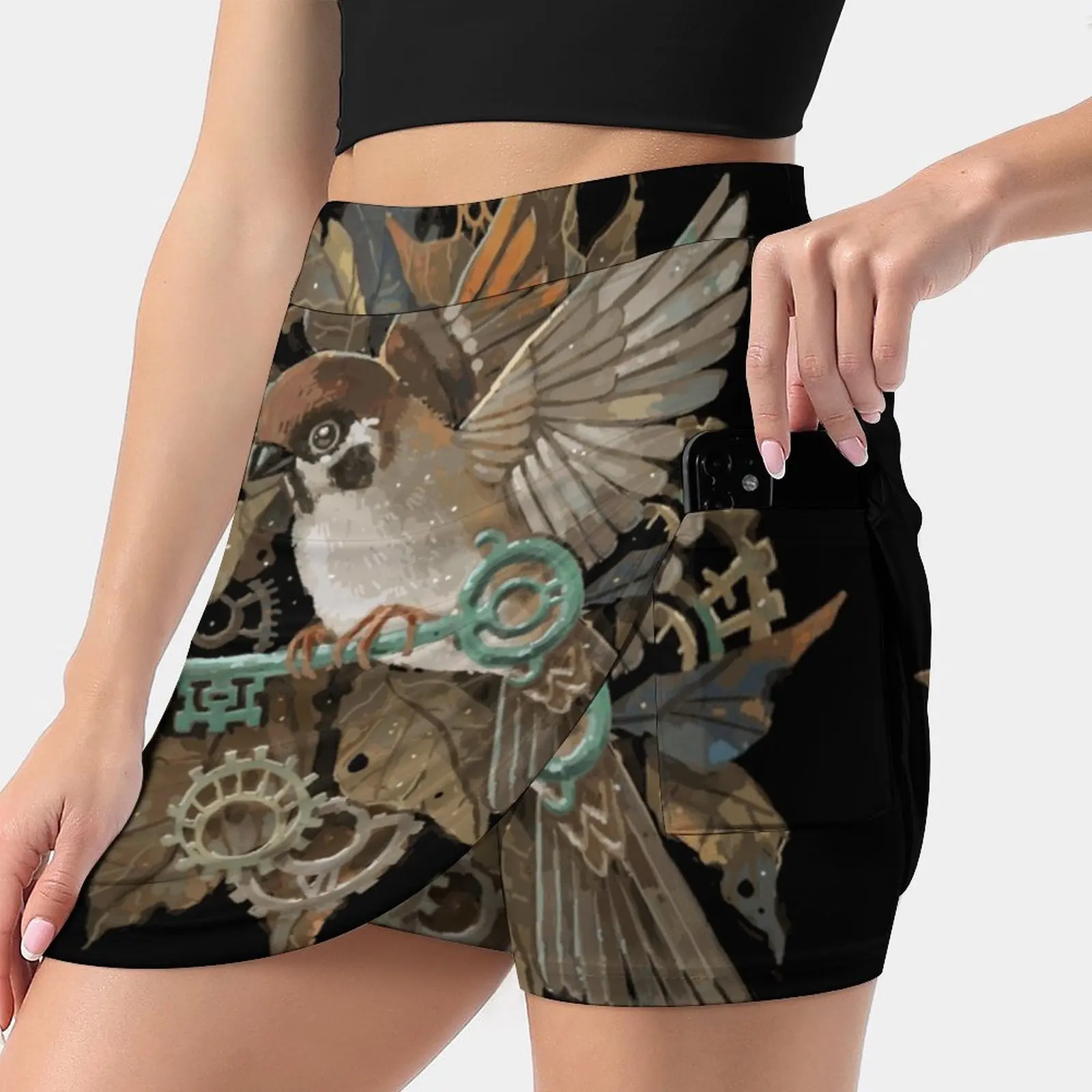 Заводная Женская Спортивная юбка Sparrow для тенниса, гольфа, танцев, фитнеса, бега, йоги, юбки с птицами, Sparrow, стимпанк, листья, ключевое снаряжение