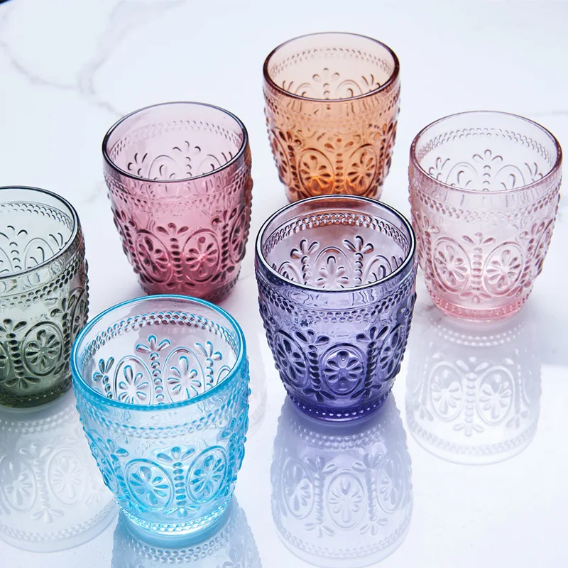 

300ml Retro Embossed Colored Glass Hammer Whiskey Cup Water Milk Juice Wine Tumblers Glass for Party Bar Glassware Drinking