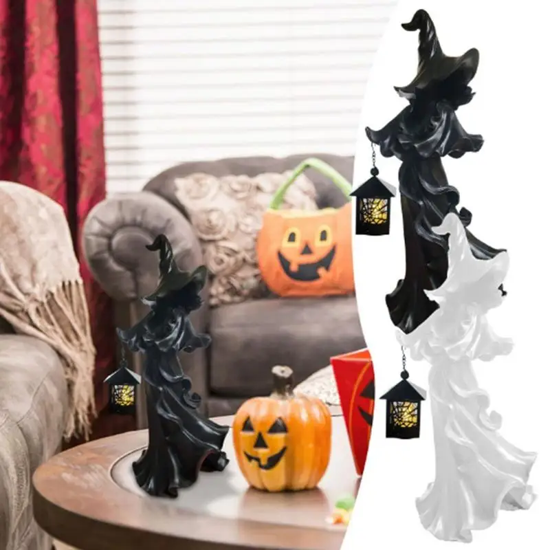 

Halloween Witch Lantern Ornament Hellbringer Lantern Halloween Decoration Cracker Barrel Witch Resin Vintage Statute LED Lantern