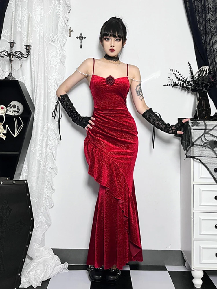 Рождественское красное бархатное платье женское элегантное с юбкой готической