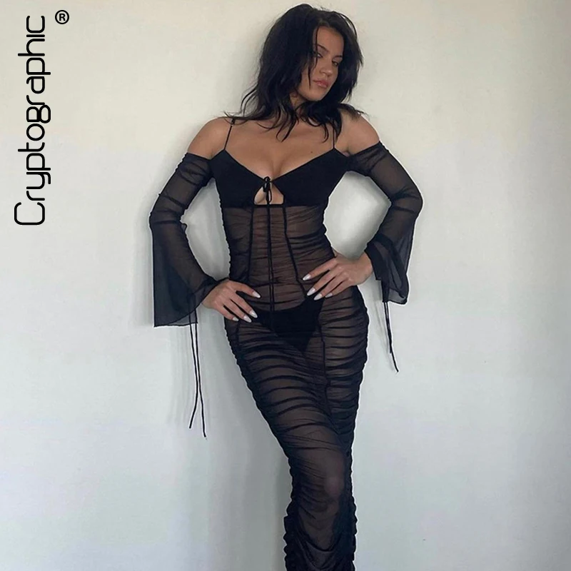 

Cryptographic Fashion Mesh Ruched See Through Maxi Dress for Women Long Sleeve Tie Front Dresses Party Holiday Outfits Vestido
