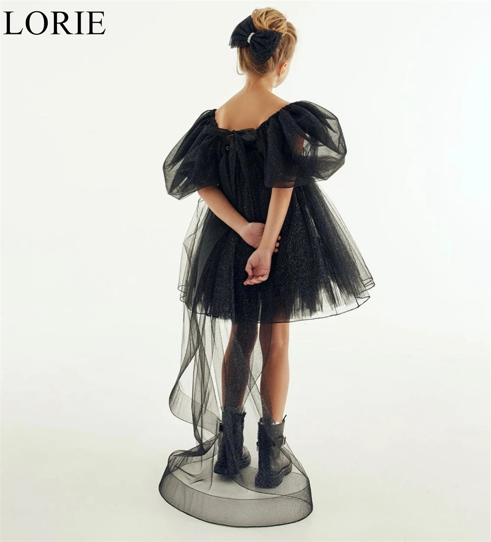 Фото LORIE милое блестящее черное платье с цветочным узором для девочек с квадратным вырезом, плиссированное трапециевидное платье с лентой и пышными рукавами, 2025 блестящее платье на день рождения по индивидуальному заказу №2