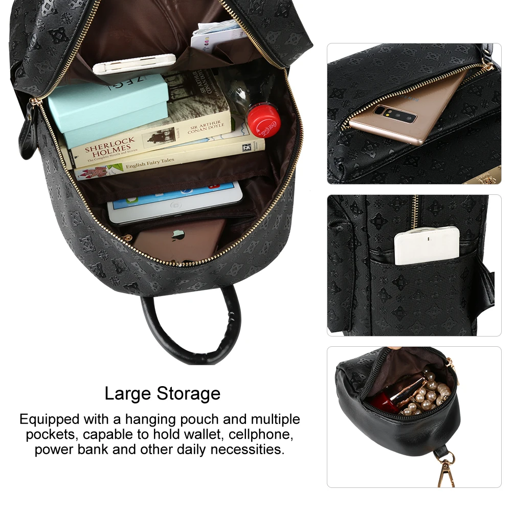 Women Backpack 2 in 1 PU Leather Shoulders Bag Chic School Bags Portable Travel Daypack with Hanging Pouch, Black